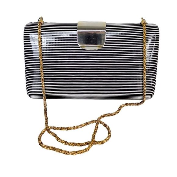 Vintage Saks Fifth Avenue Striped Clam Shell Chain Strap Bag Clutch Purse Italy - Picture 1 of 10